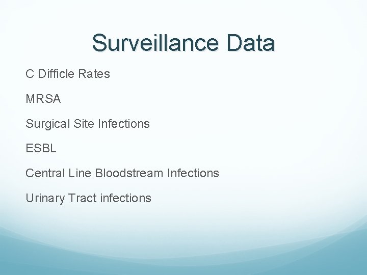 Surveillance Data C Difficle Rates MRSA Surgical Site Infections ESBL Central Line Bloodstream Infections
