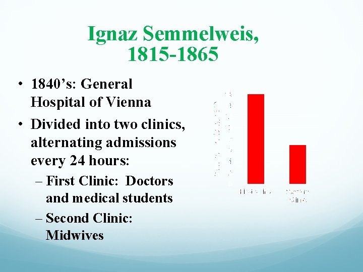 Ignaz Semmelweis, 1815 -1865 • 1840’s: General Hospital of Vienna • Divided into two