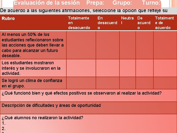 Evaluación de la sesión Prepa: Grupo: Turno: De acuerdo a las siguientes afirmaciones, seleccione Evaluación de la sesión Prepa: Grupo: Turno: De acuerdo a las siguientes afirmaciones, seleccione