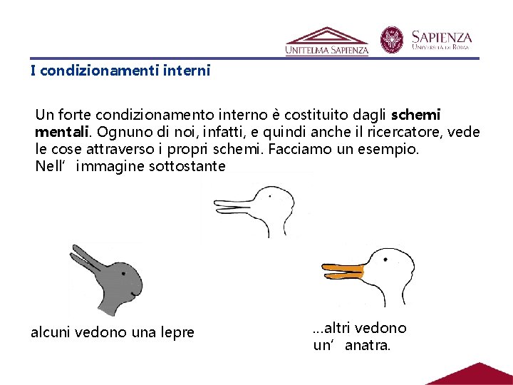 I condizionamenti interni Un forte condizionamento interno è costituito dagli schemi mentali. Ognuno di