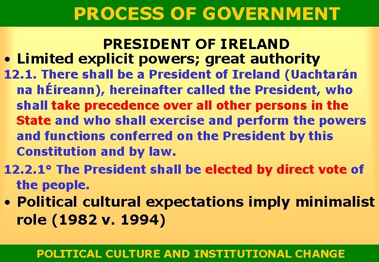 PROCESS OF GOVERNMENT PRESIDENT OF IRELAND • Limited explicit powers; great authority 12. 1.