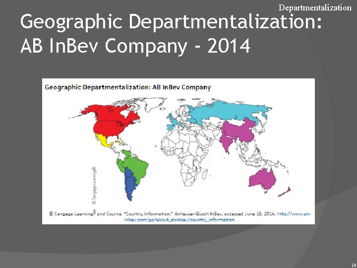 Departmentalization Geographic Departmentalization: AB In. Bev Company - 2014 14 