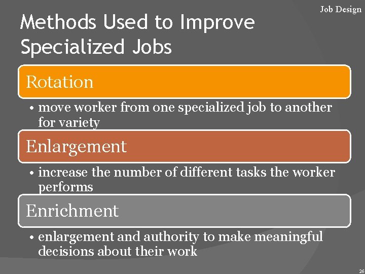 Methods Used to Improve Specialized Jobs Job Design Rotation • move worker from one
