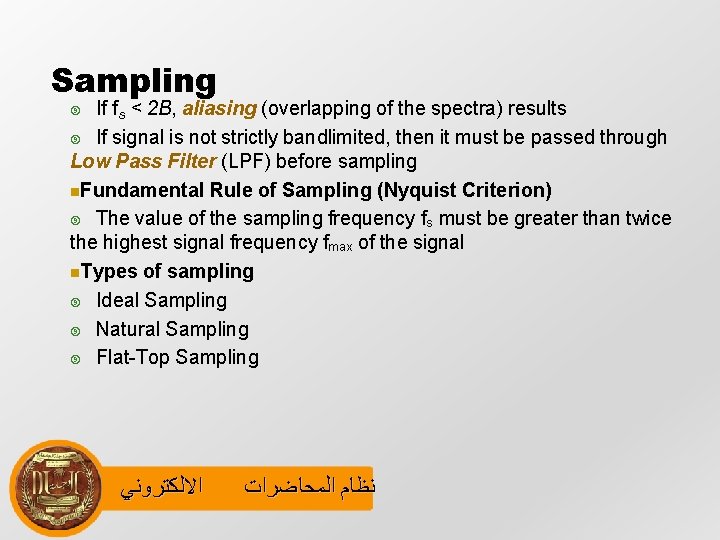 Sampling If fs < 2 B, aliasing (overlapping of the spectra) results If signal