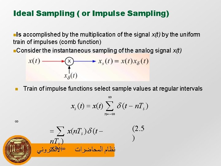 Ideal Sampling ( or Impulse Sampling) Is accomplished by the multiplication of the signal