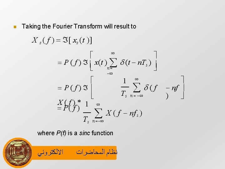  Taking the Fourier Transform will result to X s ( f ) [