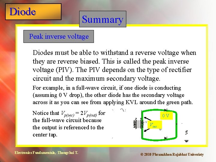 Diode Summary Peak inverse voltage Diodes must be able to withstand a reverse voltage
