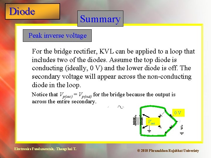 Diode Summary Peak inverse voltage For the bridge rectifier, KVL can be applied to