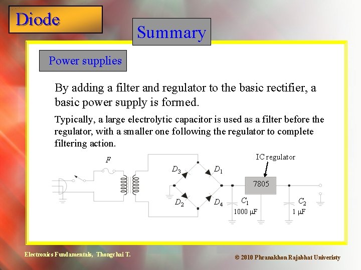 Diode Summary Power supplies By adding a filter and regulator to the basic rectifier,