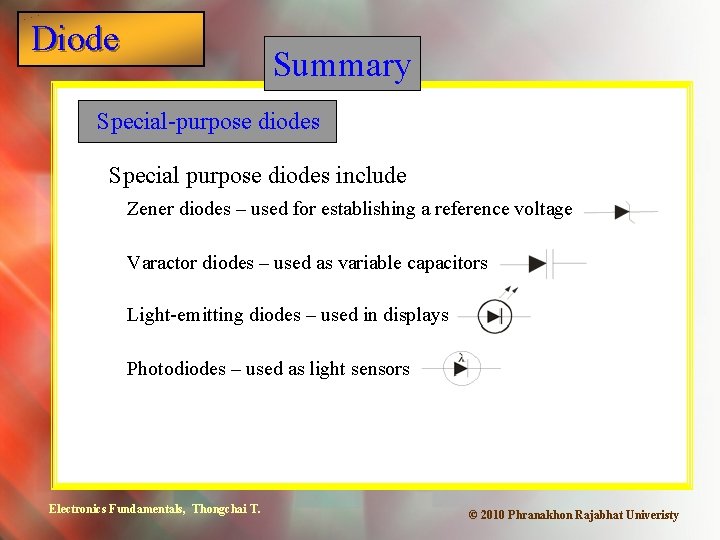 Diode Summary Special-purpose diodes Special purpose diodes include Zener diodes – used for establishing