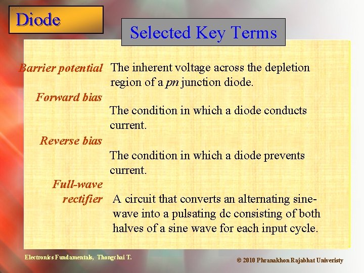 Diode Selected Key Terms Barrier potential The inherent voltage across the depletion region of