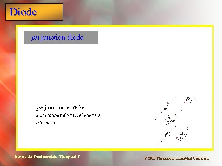 Diode pn junction diode pn junction หรอไดโอด เปนอปกรณทยอมใหกระแสไหลผานได ทศทางเดยว Electronics Fundamentals, Thongchai T. ©