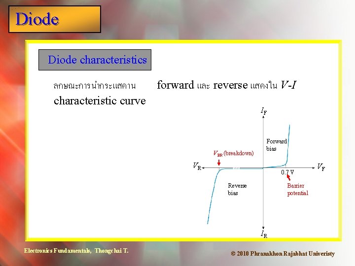 Diode characteristics ลกษณะการนำกระแสดาน forward และ reverse แสดงใน V-I characteristic curve IF VBR (breakdown) Forward