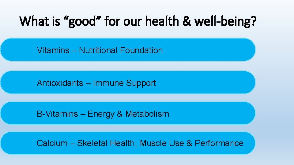 What is “good” for our health & well-being? Vitamins – Nutritional Foundation Antioxidants –