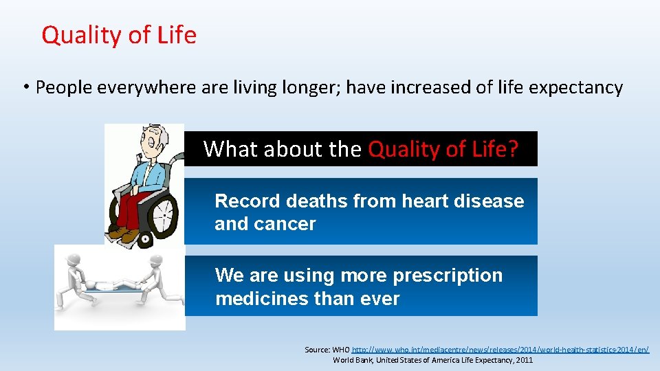 Quality of Life • People everywhere are living longer; have increased of life expectancy