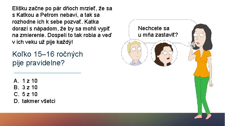 Elišku začne po pár dňoch mrzieť, že sa s Katkou a Petrom nebaví, a