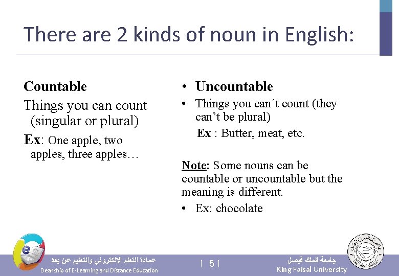 There are 2 kinds of noun in English: Countable Things you can count (singular