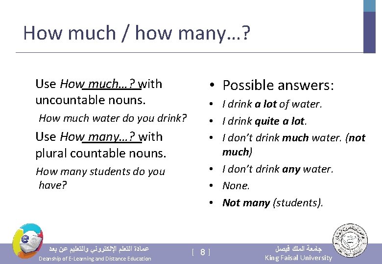 How much / how many…? Use How much…? with uncountable nouns. How much water