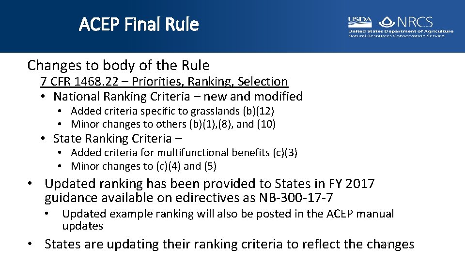 ACEP Final Rule Changes to body of the Rule 7 CFR 1468. 22 –