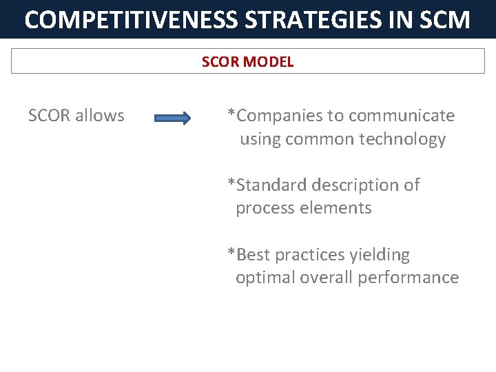 COMPETITIVENESS STRATEGIES IN SCM SCOR MODEL SCOR allows *Companies to communicate using common technology