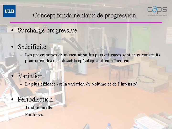 Concept fondamentaux de progression • Surcharge progressive • Spécificité – Les programmes de musculation