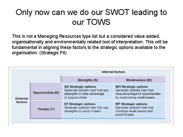 Only now can we do our SWOT leading to our TOWS This is not Only now can we do our SWOT leading to our TOWS This is not