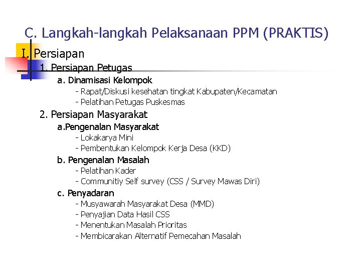 C. Langkah-langkah Pelaksanaan PPM (PRAKTIS) I. Persiapan 1. Persiapan Petugas a. Dinamisasi Kelompok -