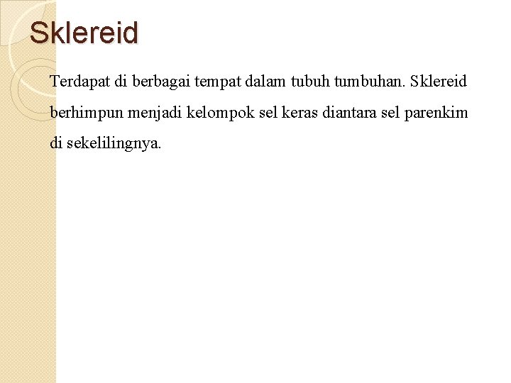 Sklereid Terdapat di berbagai tempat dalam tubuh tumbuhan. Sklereid berhimpun menjadi kelompok sel keras Sklereid Terdapat di berbagai tempat dalam tubuh tumbuhan. Sklereid berhimpun menjadi kelompok sel keras