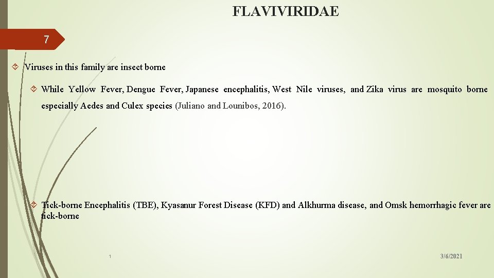 FLAVIVIRIDAE 7 Viruses in this family are insect borne While Yellow Fever, Dengue Fever,