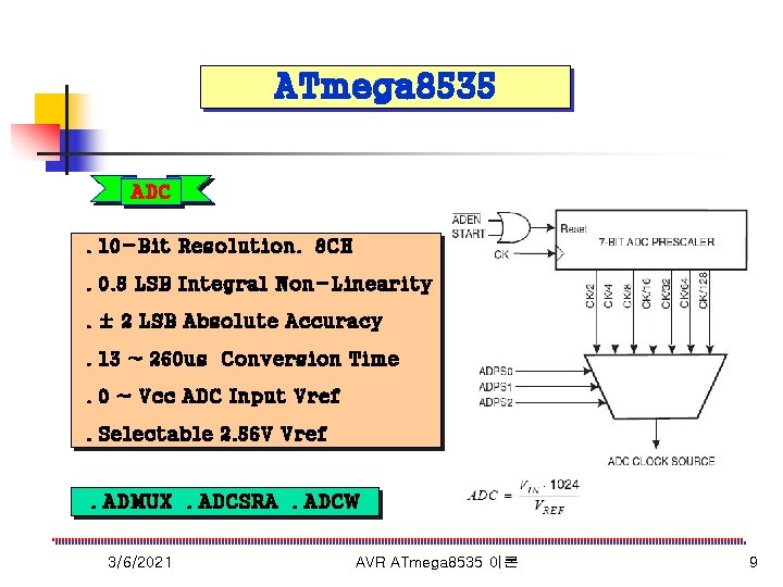 ATmega 8535 ADC. 10 -Bit Resolution. 8 CH. 0. 5 LSB Integral Non-Linearity. ±