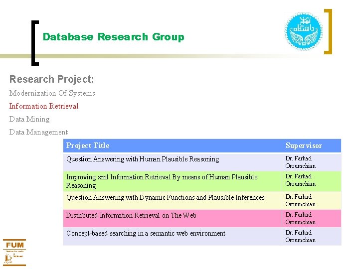 Database Research Group Research Project: Modernization Of Systems Information Retrieval Data Mining Data Management