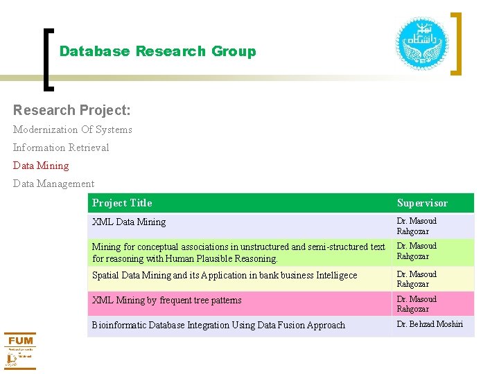 Database Research Group Research Project: Modernization Of Systems Information Retrieval Data Mining Data Management