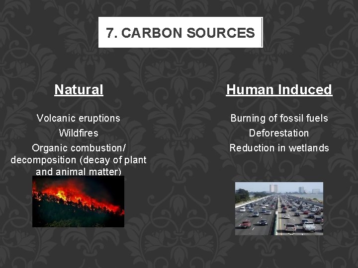 7. CARBON SOURCES Natural Human Induced Volcanic eruptions Wildfires Burning of fossil fuels Deforestation