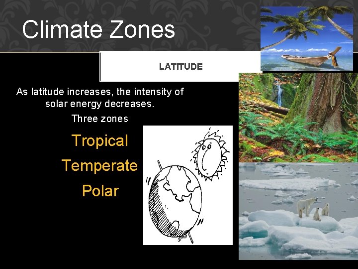 Climate Zones LATITUDE As latitude increases, the intensity of solar energy decreases. Three zones