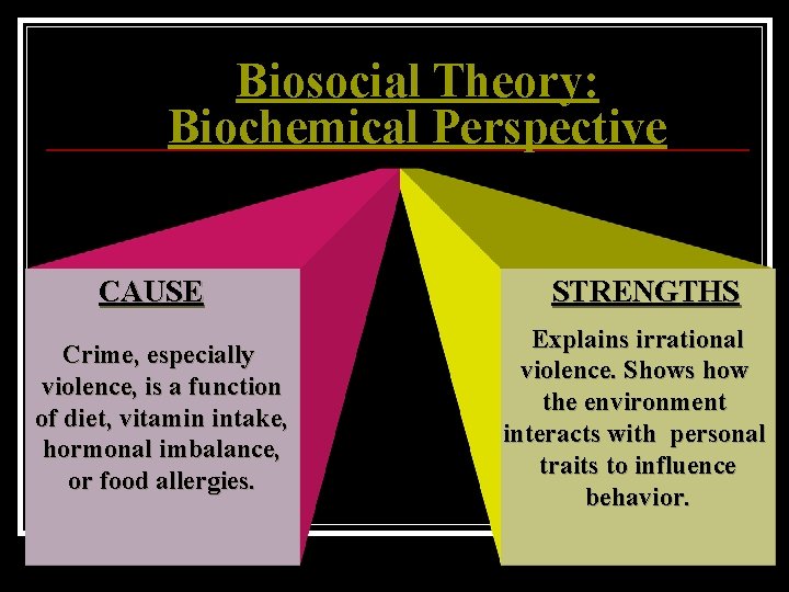 Biosocial Theory: Biochemical Perspective CAUSE Crime, especially violence, is a function of diet, vitamin