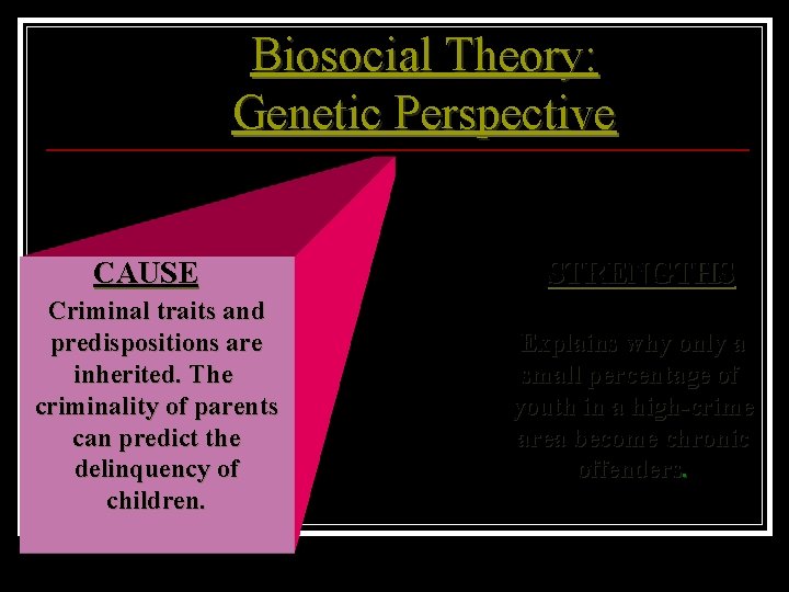 Biosocial Theory: Genetic Perspective CAUSE Criminal traits and predispositions are inherited. The criminality of