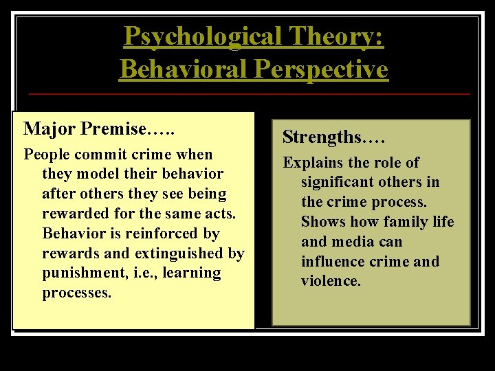 Psychological Theory: Behavioral Perspective Major Premise…. . People commit crime when they model their