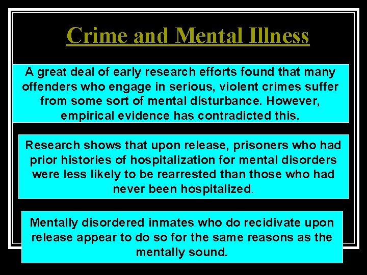 Crime and Mental Illness A great deal of early research efforts found that many