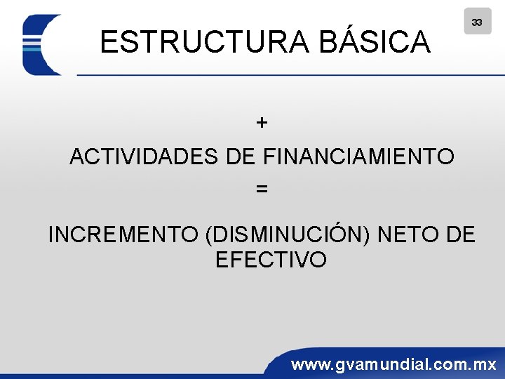 ESTRUCTURA BÁSICA 33 + ACTIVIDADES DE FINANCIAMIENTO = INCREMENTO (DISMINUCIÓN) NETO DE EFECTIVO www.
