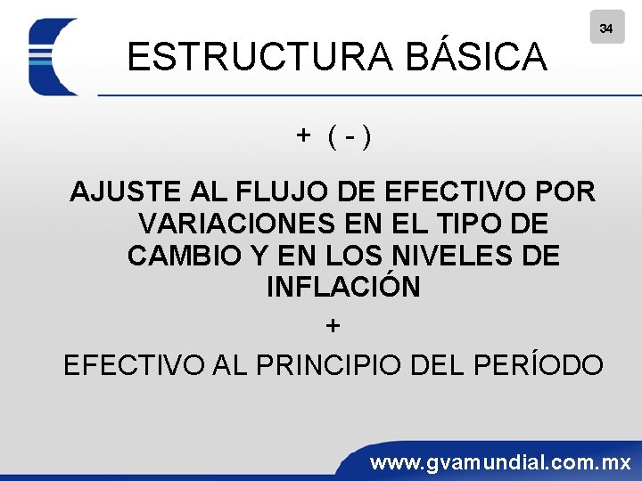 ESTRUCTURA BÁSICA 34 + (-) AJUSTE AL FLUJO DE EFECTIVO POR VARIACIONES EN EL