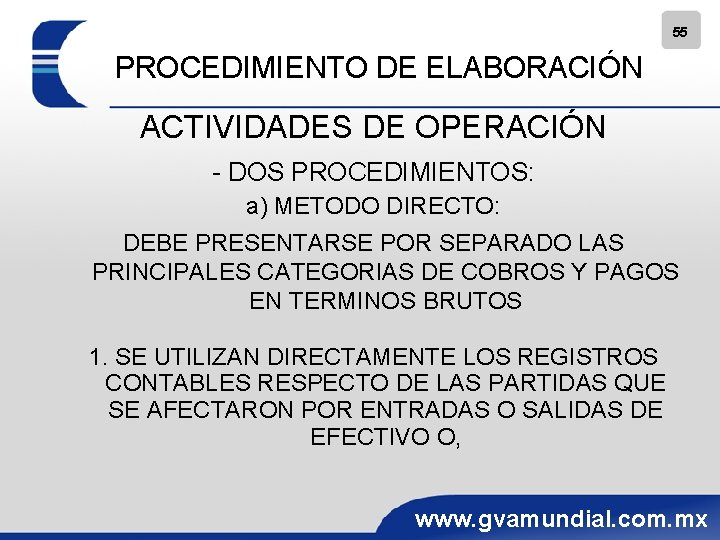 55 PROCEDIMIENTO DE ELABORACIÓN ACTIVIDADES DE OPERACIÓN - DOS PROCEDIMIENTOS: a) METODO DIRECTO: DEBE