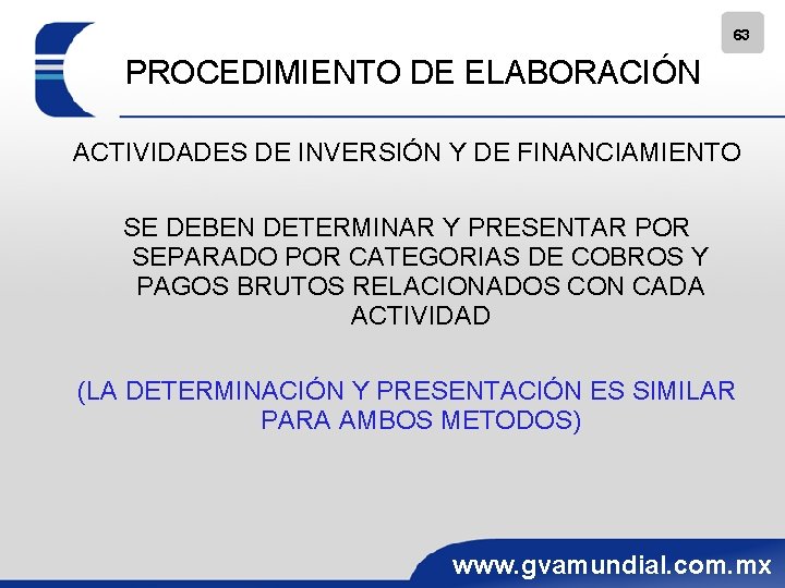 63 PROCEDIMIENTO DE ELABORACIÓN ACTIVIDADES DE INVERSIÓN Y DE FINANCIAMIENTO SE DEBEN DETERMINAR Y