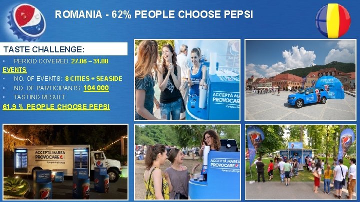 ROMANIA - 62% PEOPLE CHOOSE PEPSI TASTE CHALLENGE: • PERIOD COVERED: 27. 06 –