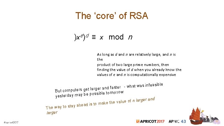 The ‘core’ of RSA )xe)d ≡ x mod n As long as d and