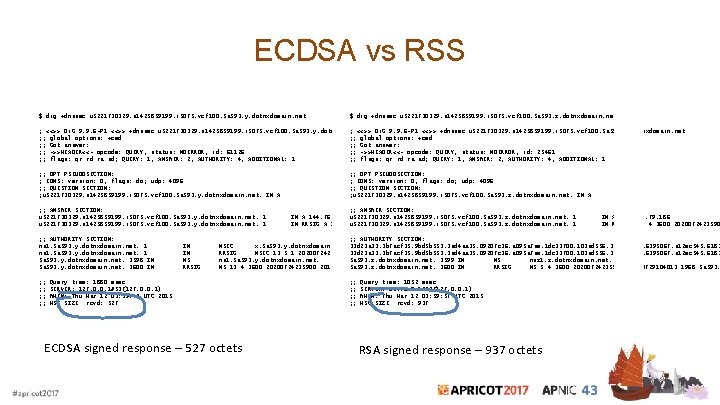 ECDSA vs RSS $ dig +dnssec u 5221730329. s 1425859199. i 5075. vcf 100.
