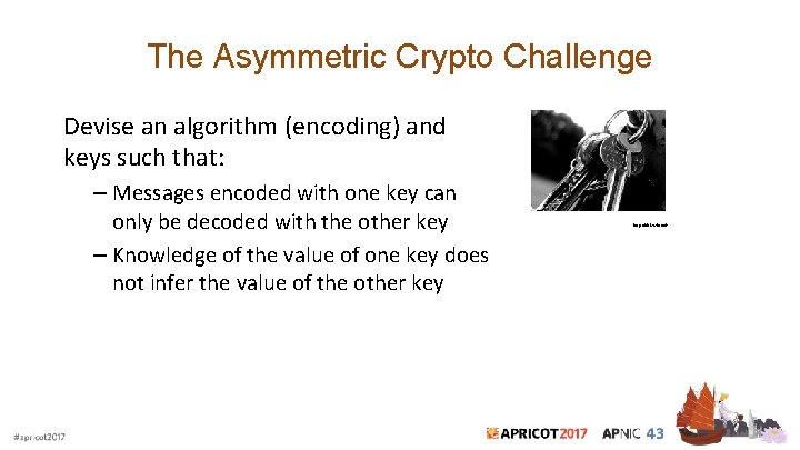 The Asymmetric Crypto Challenge Devise an algorithm (encoding) and keys such that: – Messages