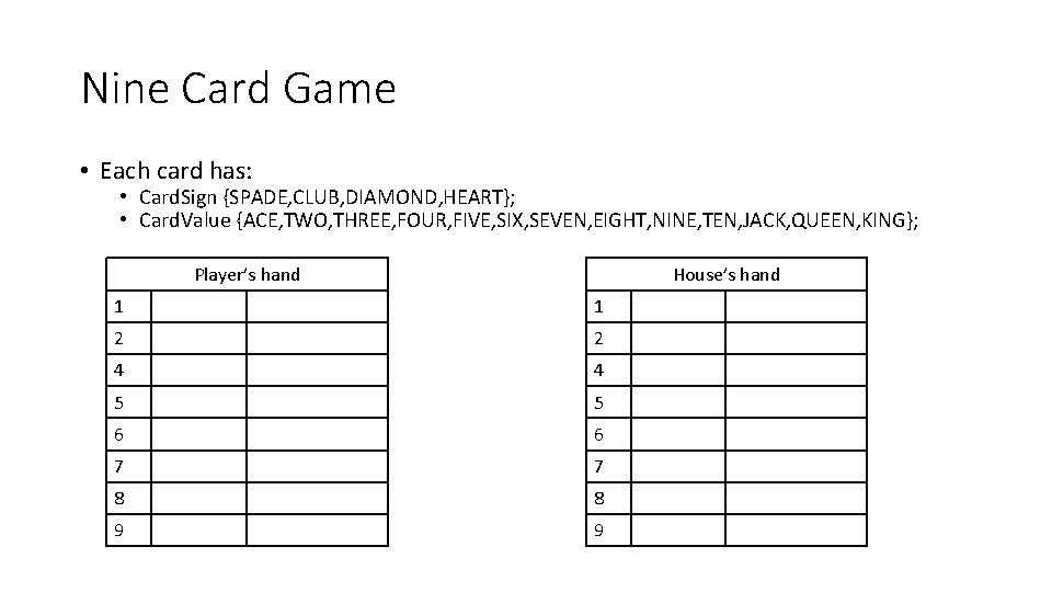 Nine Card Game • Each card has: • Card. Sign {SPADE, CLUB, DIAMOND, HEART};