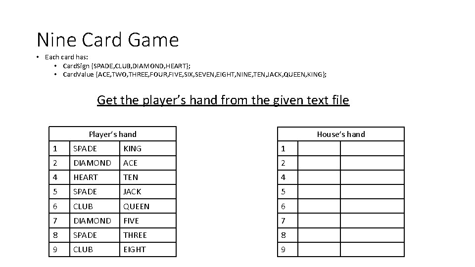 Nine Card Game • Each card has: • Card. Sign {SPADE, CLUB, DIAMOND, HEART};