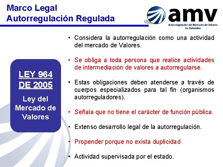 Marco Legal Autorregulación Regulada • Considera la autorregulación como una actividad del mercado de