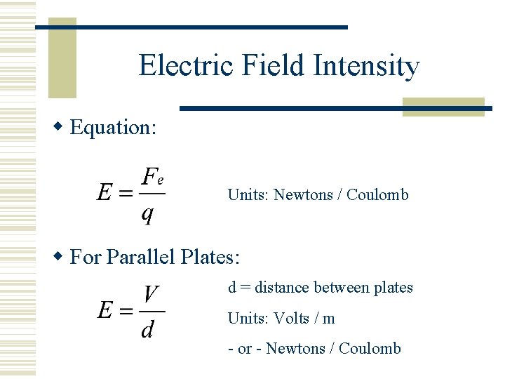 Electric Field Intensity Equation: Units: Newtons / Coulomb For Parallel Plates: d = distance